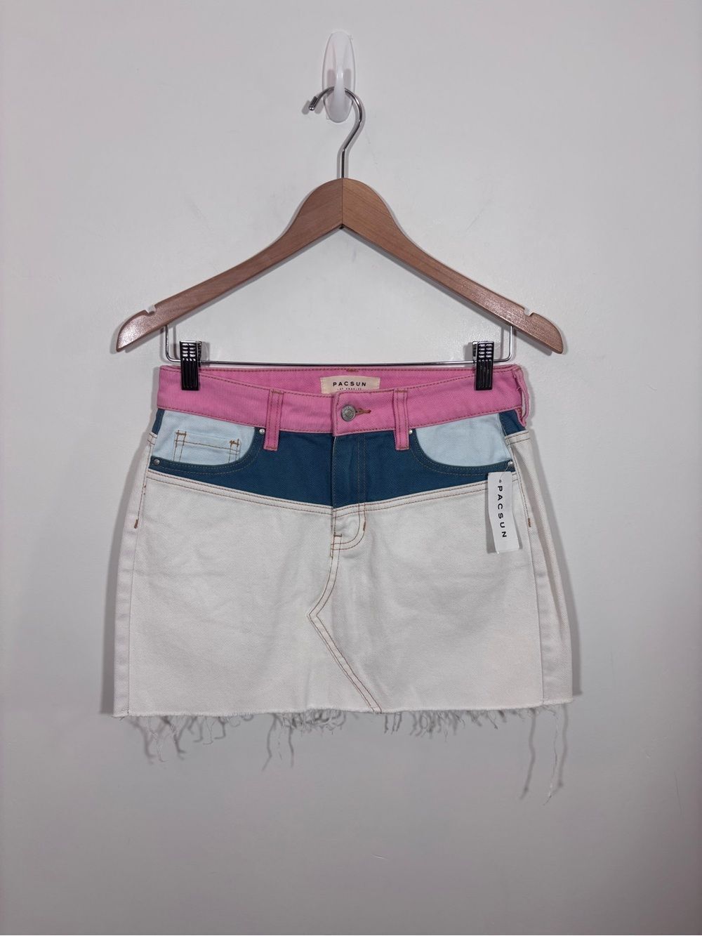 Pacsun color block denim cutoff skirt NWT Size 24 refresh wash raw hem